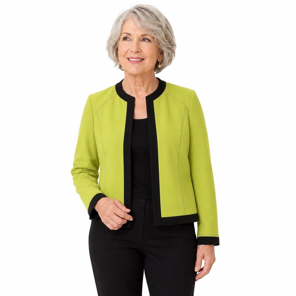 Kasper Open Front Jacket Chartreuse Black Sz 4 Corporate Chic Modern Minimalist